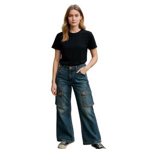 Rue 21 Blue Denim Boot cut Cargo stretch Retro 90s JEANS Womens Size 2